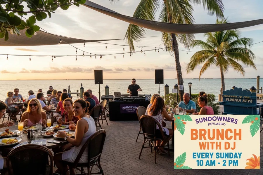 DJ de Miami DJ Beat tocando en Sundowners, Key Largo, con vista al mar