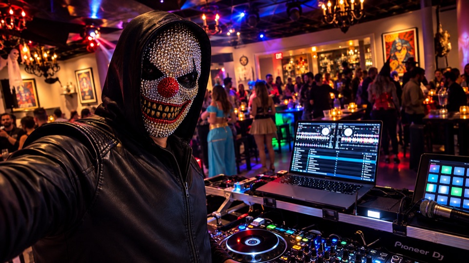 DJMago305 mezclando en vivo durante una fiesta de Halloween en Mojitos Calle Ocho, Miami